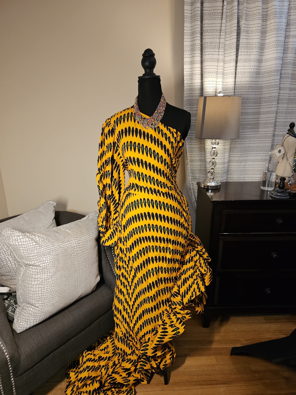 Yellow One-Shoulder Maxi Dress with Black Chevron Motif